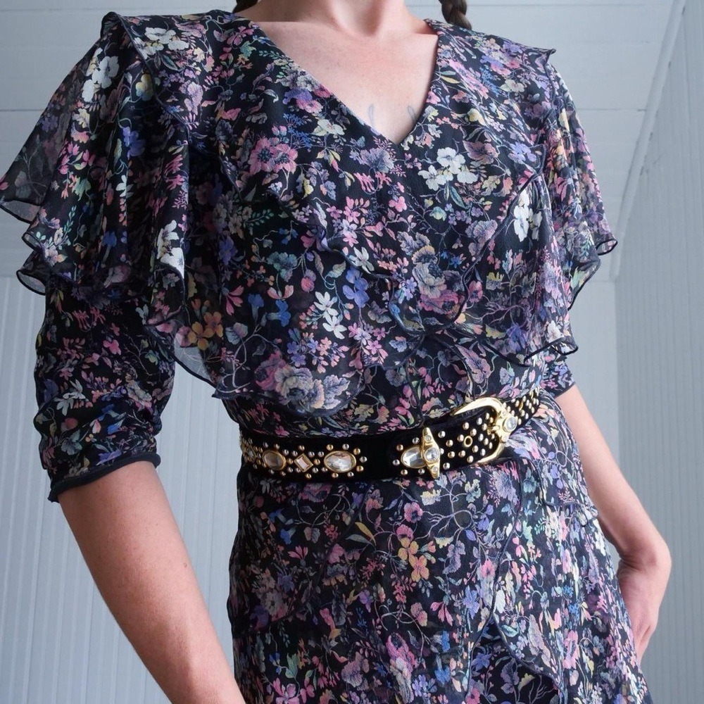 Vintage 80s dark floral silk flutter midi‎ dress